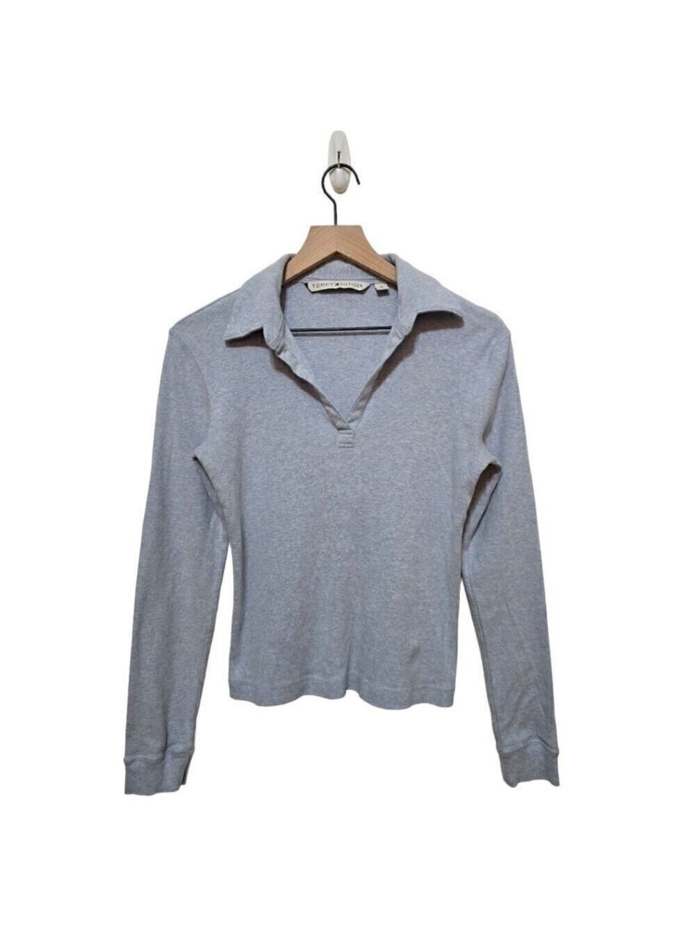 Tommy Hilfiger Light Blue Vintage V-Neck Long Sleeve Y2K Collared Tee Sz M